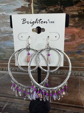 0678-Brighton Silver Hoop Earrings with Purple and Iridescent Beads